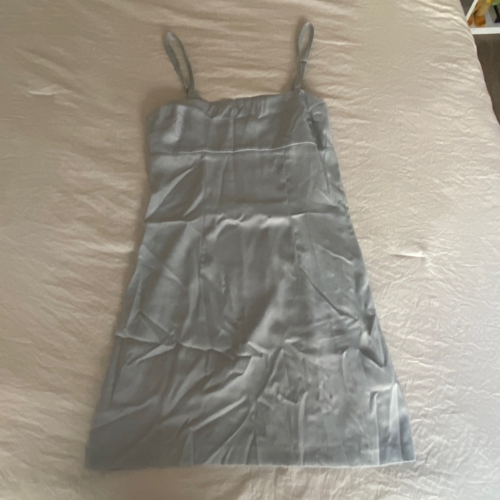 baby blue satin UO mini dress with strappy back